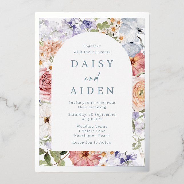 Stunning Botanical Floral Arch Wedding Silver Foil Invitation (Front)