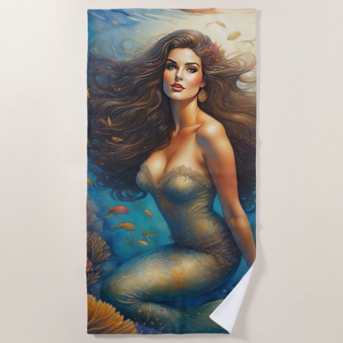 Stunning Brunette Haired Mermaid Beach Towel