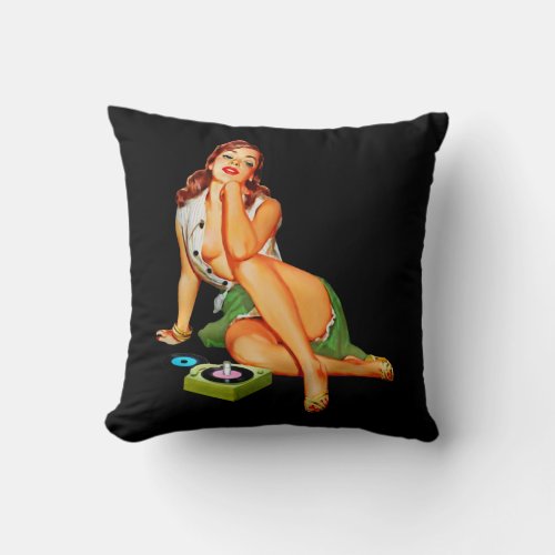Stunning Brunette Pin Up Listening to Records  Throw Pillow