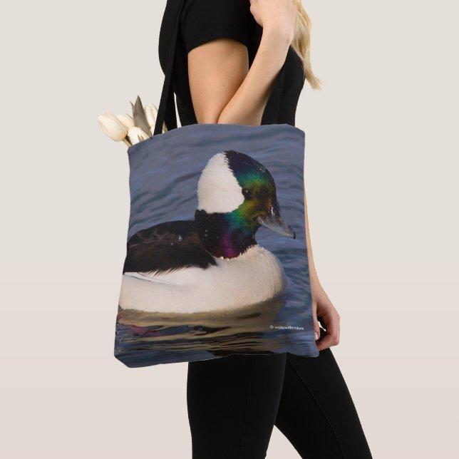 Stunning Bufflehead Duck Swims By Tote Bag (Close Up)