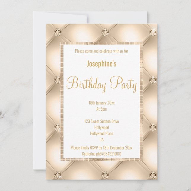 STUNNING CHAMPAGNE QUILTED & GOLD CUSTOM BIRTHDAY  INVITATION (Front)