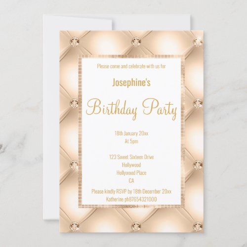 STUNNING CHAMPAGNE QUILTED  GOLD CUSTOM BIRTHDAY  INVITATION