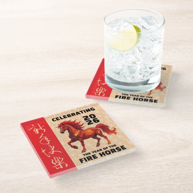 Stunning Chinese Year of the Fire Horse 2026 Glass Coaster (Angled)