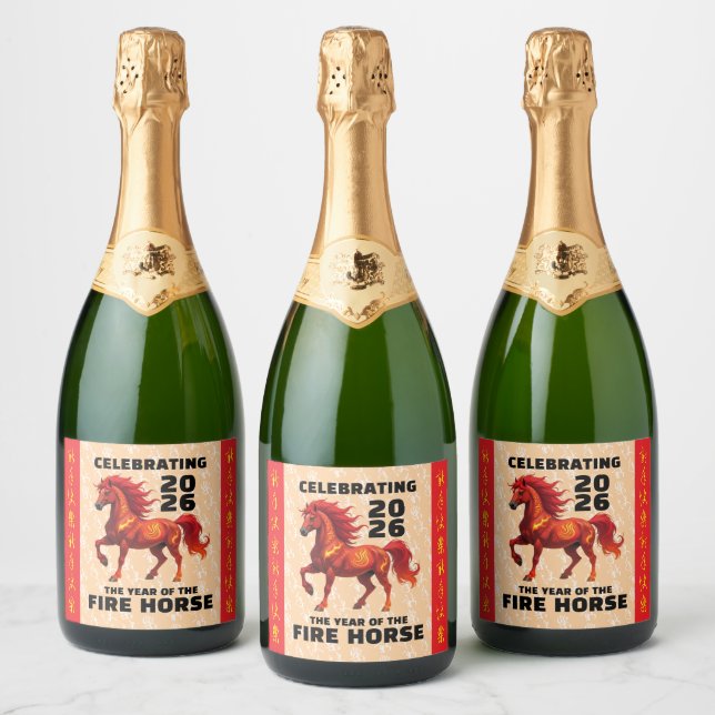 Stunning Chinese Year of the Fire Horse 2026 Sparkling Wine Label (Bottles)
