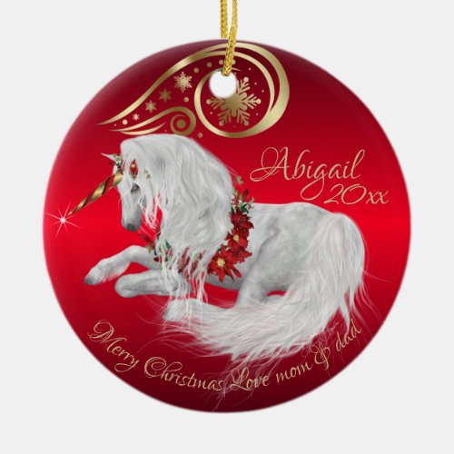 Stunning Christmas Unicorn Joy  Red  Ceramic Ornament