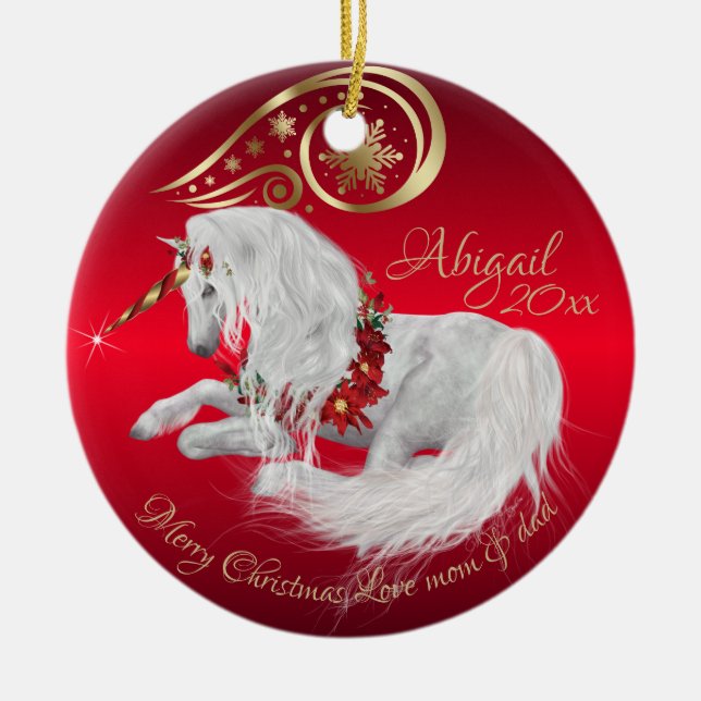 Stunning Christmas Unicorn Joy  Red  Ceramic Ornament (Front)