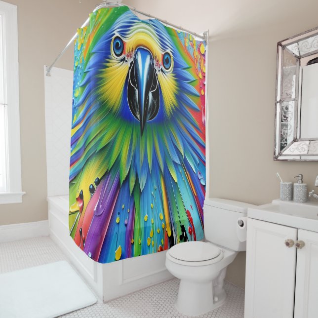 Stunning Colorful Splatter Paint Parrot Shower Curtain (In Situ)