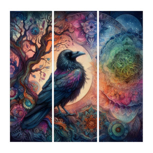 Stunning Crow Tree of Life Mandala Pagan Gothic Triptych