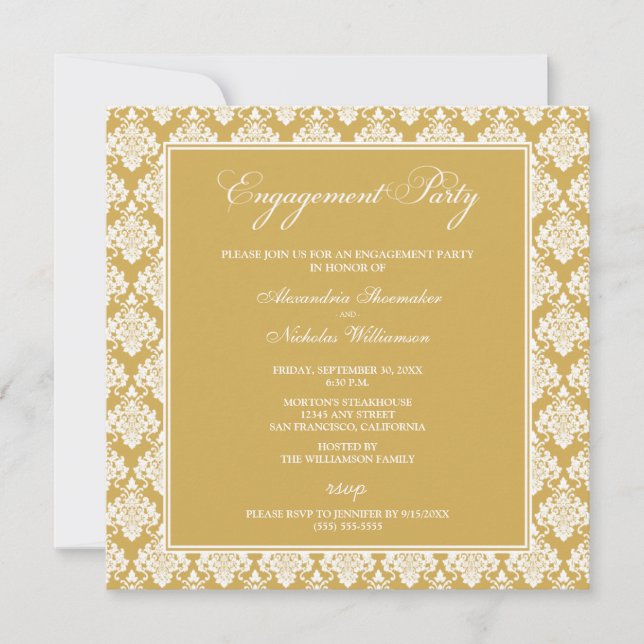Stunning Damask Engagement Party Invite (gold) (Front)