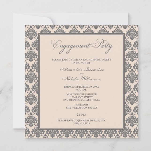 Stunning Damask Engagement Party Invite (grey) (Front)