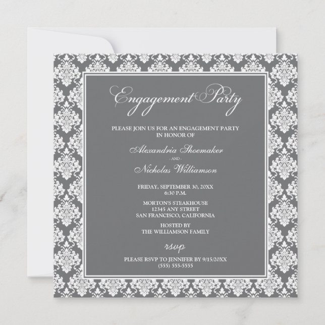 Stunning Damask Engagement Party Invite (grey) (Front)