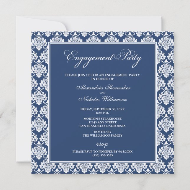 Stunning Damask Engagement Party Invite (navy) (Front)