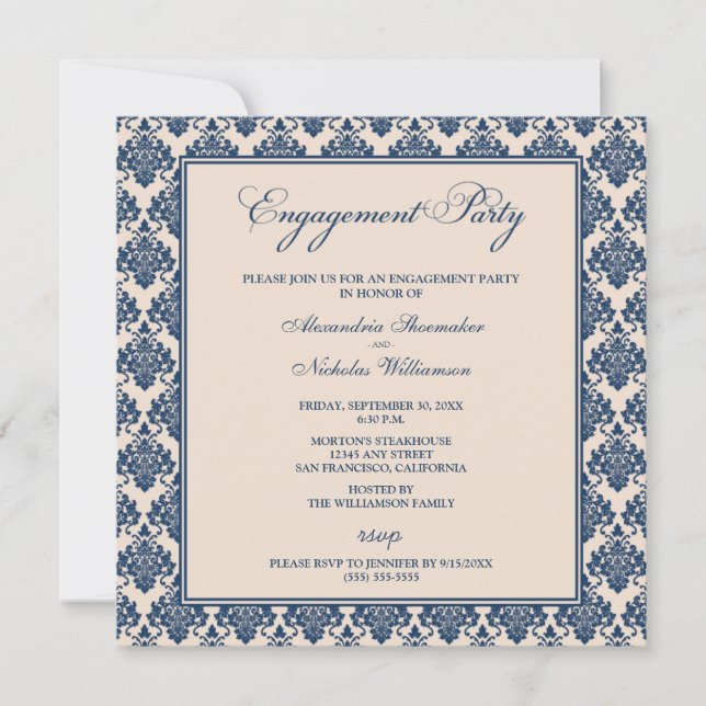 Stunning Damask Engagement Party Invite (navy) (Front)