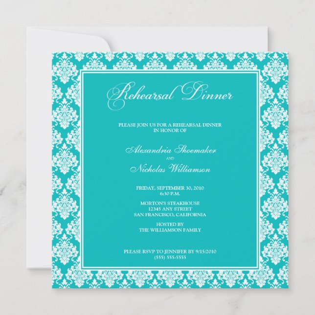 Stunning Damask Rehearsal Dinner Invite (aqua) (Front)