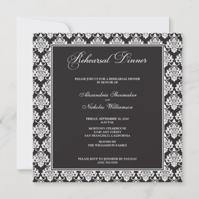 Stunning Damask Rehearsal Dinner Invite (black) (Front)