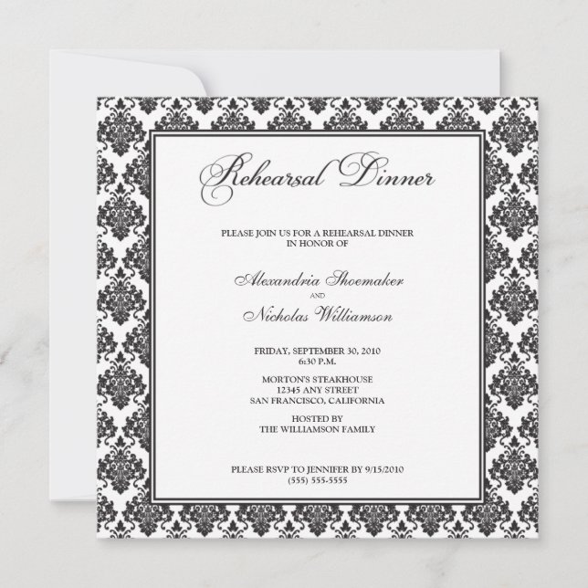 Stunning Damask Rehearsal Dinner Invite (black) (Front)