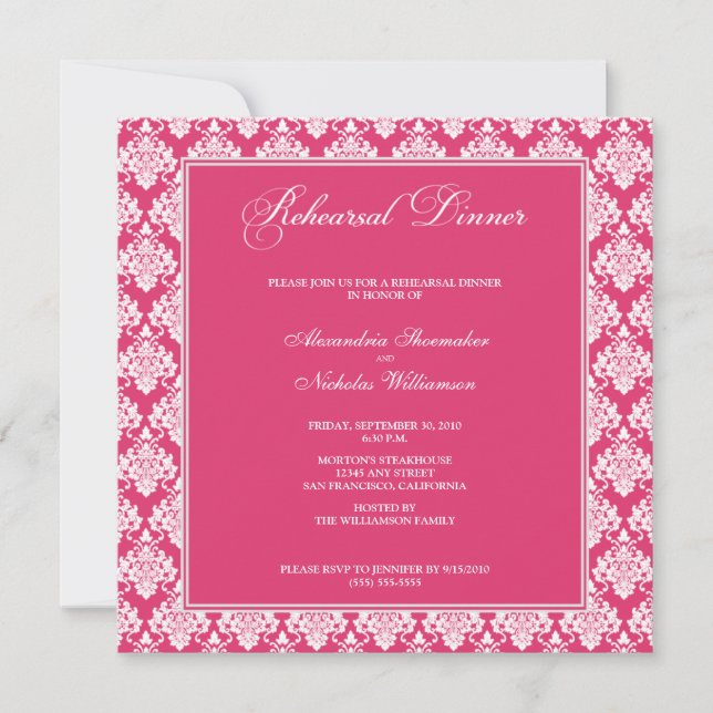 Stunning Damask Rehearsal Dinner Invite (fuschia) (Front)