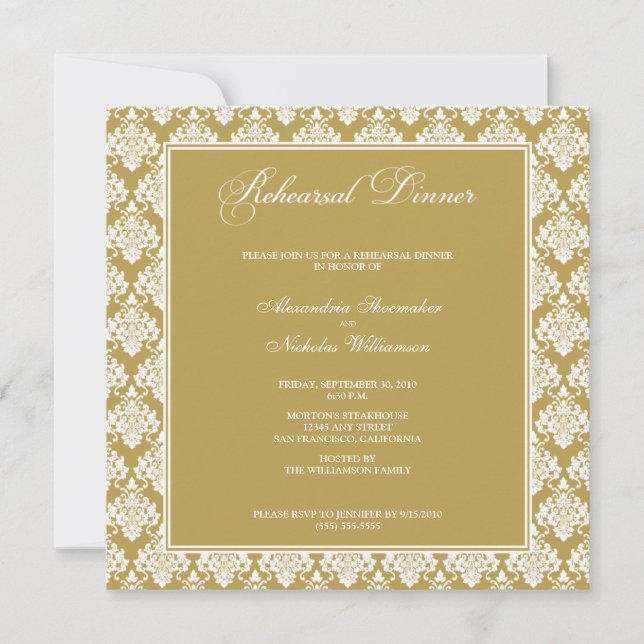 Stunning Damask Rehearsal Dinner Invite (gold) (Front)