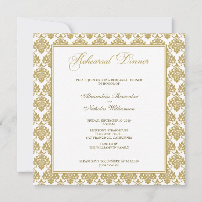Stunning Damask Rehearsal Dinner Invite (gold) (Front)