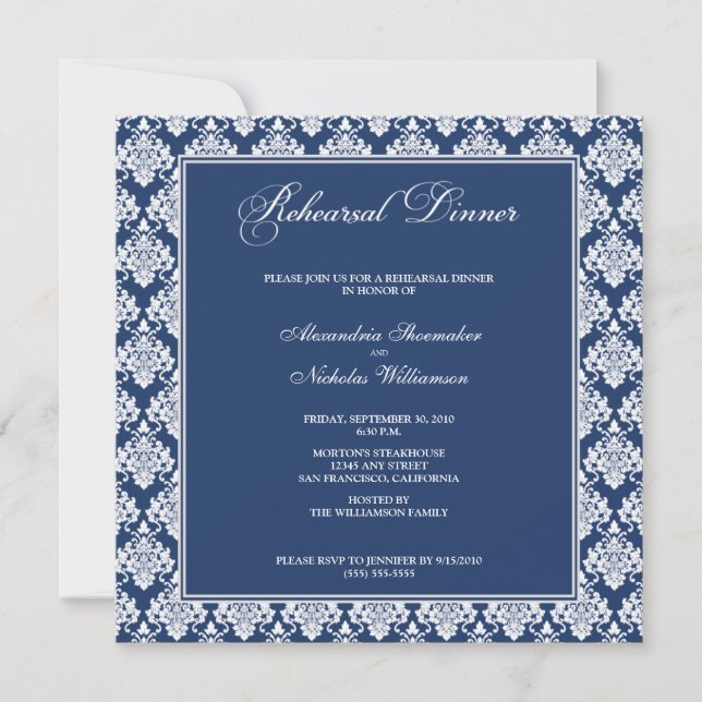Stunning Damask Rehearsal Dinner Invite (navy) (Front)