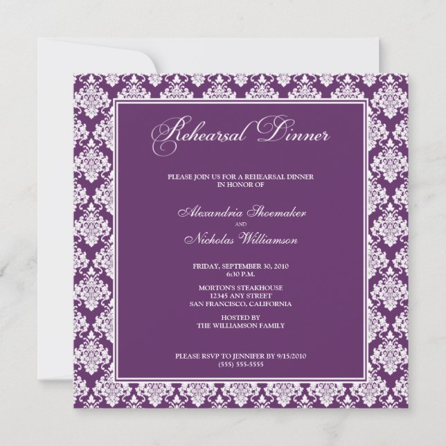 Stunning Damask Rehearsal Dinner Invite (purple) (Front)