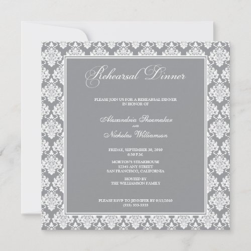 Stunning Damask Rehearsal Dinner Invite silver