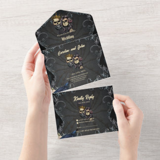Stunning dark gothic wedding design with skulls all in one invitation