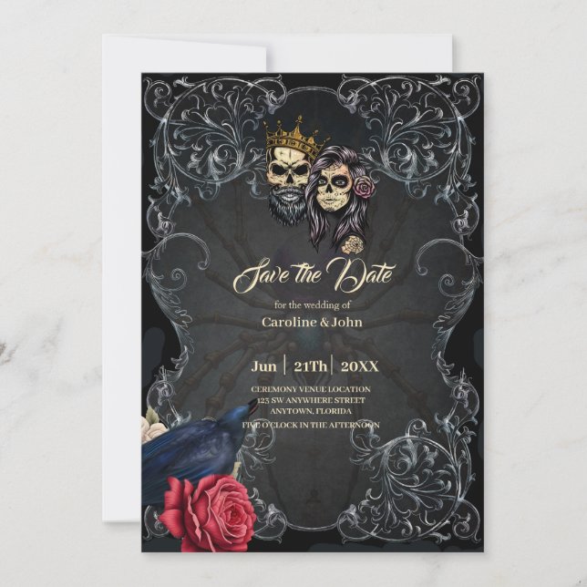 Stunning dark gothic wedding design with skulls  save the date (Front)