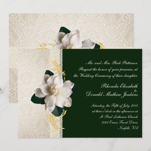 Stunning Dark Green & Ivory Gardenia Wedding Invitation (Front/Back)