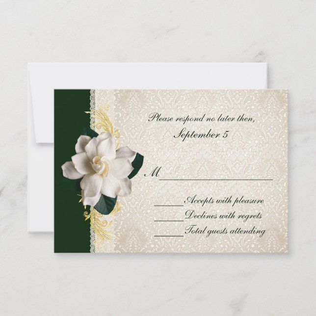 Stunning Dark Green & Ivory Gardenia Wedding RSVP Card (Front)