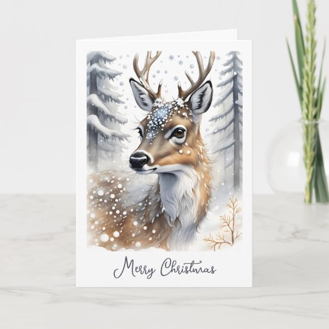 Stunning Deer in Snow Christmas Holiday Card (Front)
