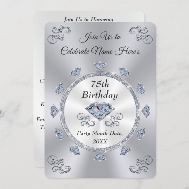 Stunning Diamond, 75th Birthday Invitation Card (Front/Back)
