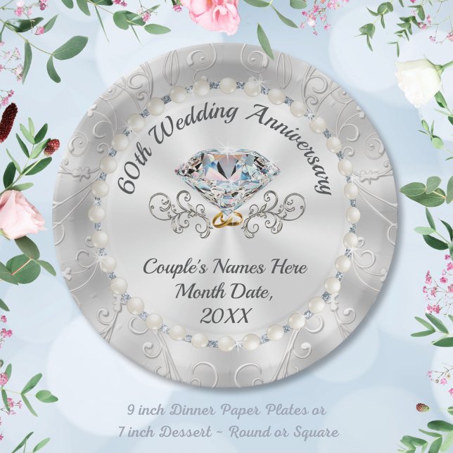 Stunning, Diamond Paper Plates, PERSONALIZED Paper Plates (60th anniversary plates. Gorgeous and Elegant, diamond anniversary paper plates. 60 year anniversary)