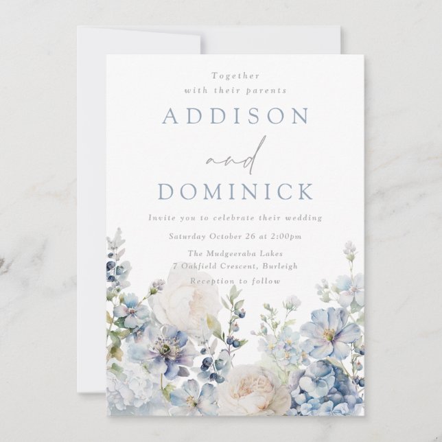 Stunning Dusty Blue Flowers All Seasons Wedding Invitation (Front)