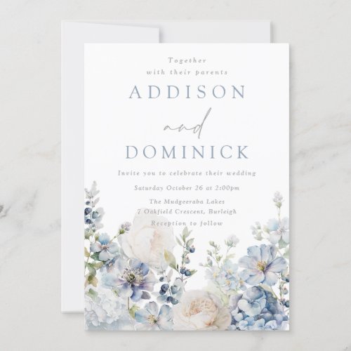 Stunning Dusty Blue Flowers All Seasons Wedding Invitation