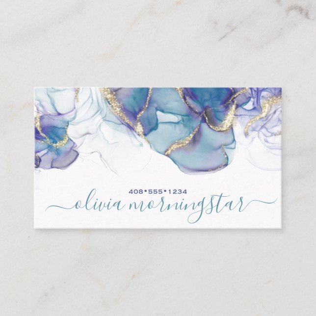 Stunning Dusty Blue Violet Gold Accent Alcohol Ink Business Card (Front)