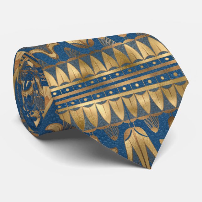Stunning Egyptian Royal Blue and Gold Patterned Neck Tie (Rolled)