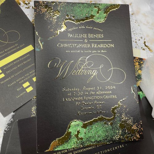 Stunning Emerald Bronze Wedding Gold Foil Invitation