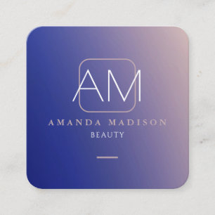 Stunning Faux Gradient Blue and Rose Gold Monogram Square Business Card
