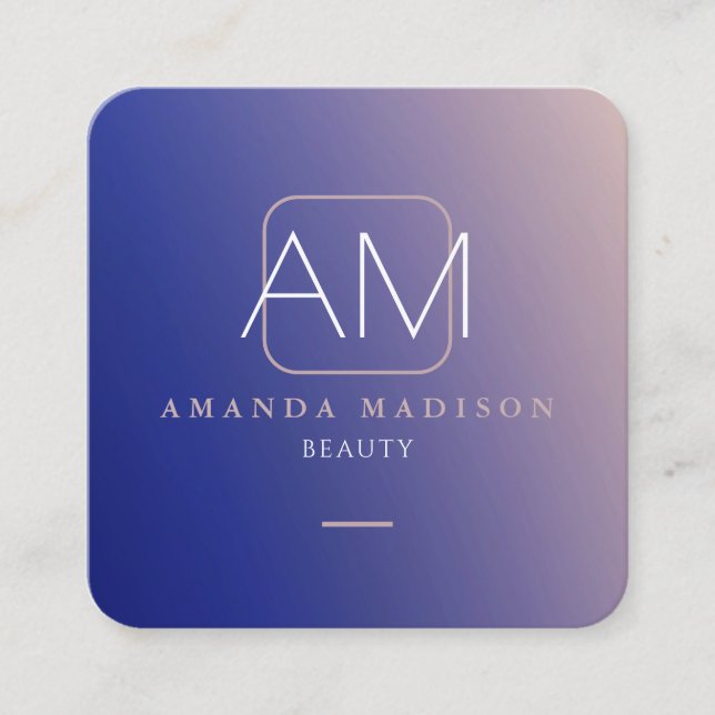Stunning Faux Gradient Blue and Rose Gold Monogram Square Business Card (Front)