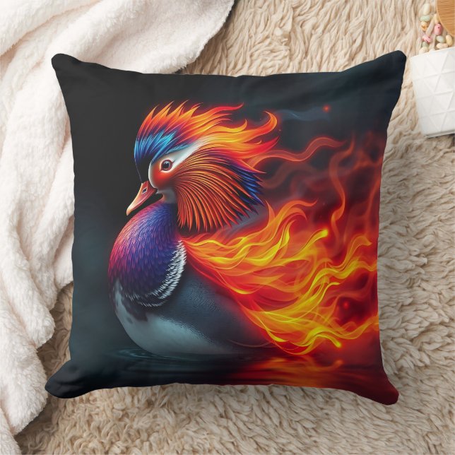 Stunning Flame-boyant Firebird Hot Mandarin Duck Throw Pillow (Blanket)