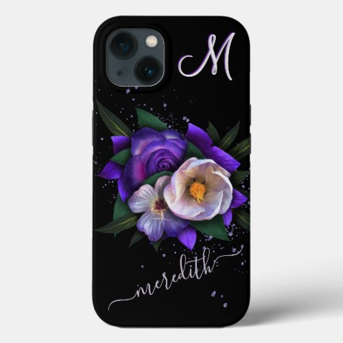 Stunning Floral 3_Color Monogram Glitter Name iPhone 13 Case