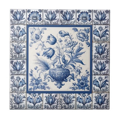 Stunning floral Blue toile de jouy monogram Ceramic Tile