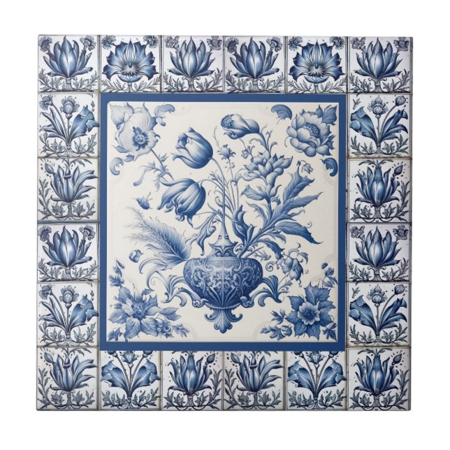Stunning floral Blue toile de jouy monogram Ceramic Tile (Front)