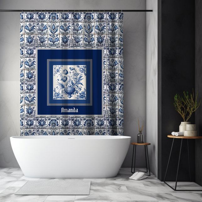 Stunning floral Blue toile de jouy monogram Shower Curtain (Creator Uploaded)