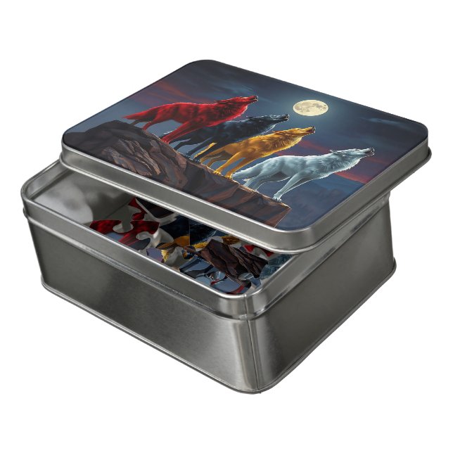 Stunning Four Wolves, One Midnight Desert Howl Jigsaw Puzzle (Lid Open)