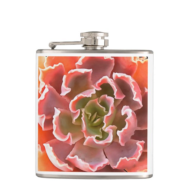 Stunning Garden Succulent Pink Tones Realistic Art Flask (Front)