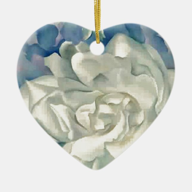 Stunning Georgia O'Keefe White Rose and Larkspur Ceramic Ornament (Front)