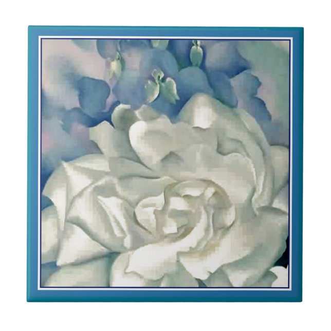 Stunning Georgia O'Keefe White Rose and Larkspur Ceramic Tile (Front)