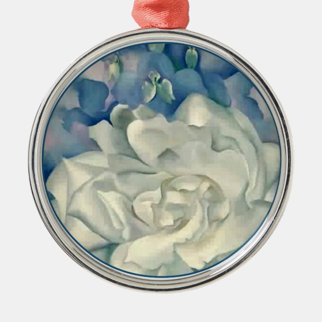 Stunning Georgia O'Keefe White Rose and Larkspur Metal Ornament (Front)